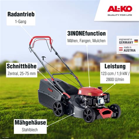 Infographics showing AL-KO lawnmower features like ergonomic handle and large wheels