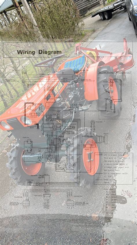 Infografika/schemat budowy traktora Kubota z zaznaczonymi kluczowymi elementami
