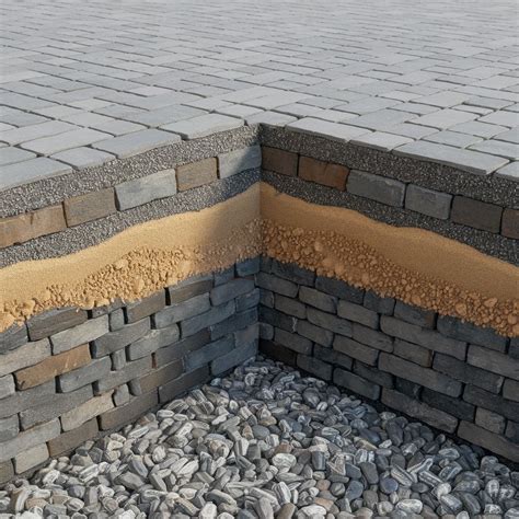 Schemat przedstawiający idealne podłoże pod kostkę brukową, z zaznaczoną warstwą zagęszczonego gruntu.