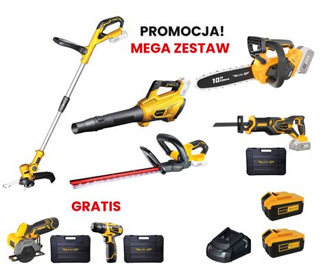 Wizualizacja różnych produktów Greenworks z kategorii narzędzi ogrodowych akumulatorowych
