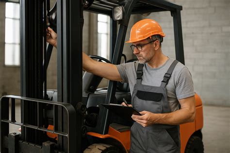 Pracownik serwisu dokonujący przeglądu wózka widłowego