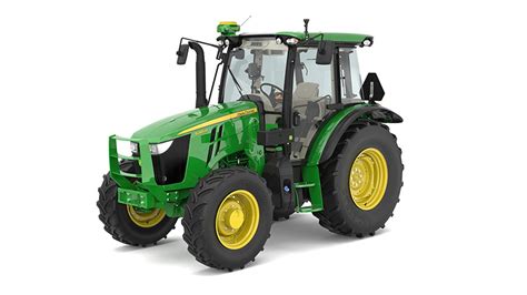 The John Deere 5M series tractor, showing its compact size and modern design.